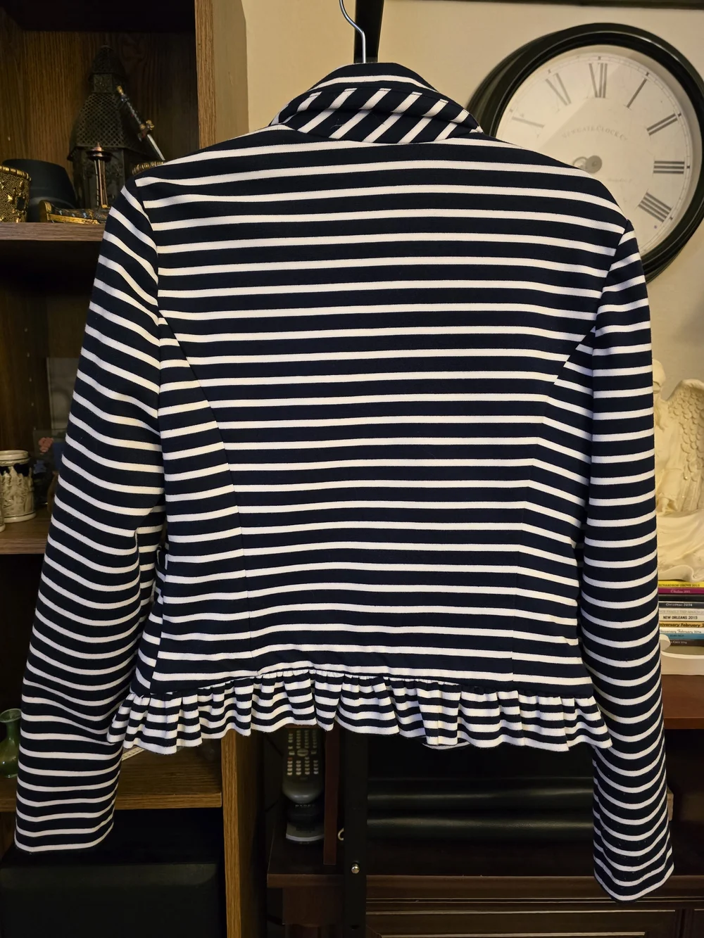 Maison Jules Navy White Striped Ruffle Hem Knit Blazer Preppy Career Size M